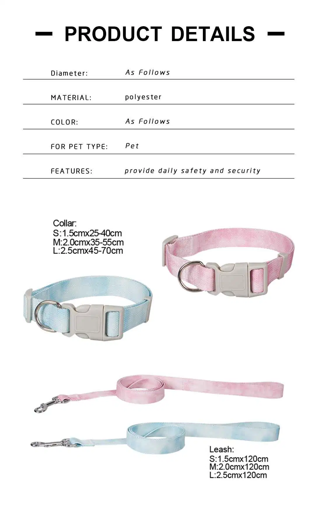 Rena Pet New Fashion Durable High Quality Full Size Gradient Color Adjustable Collar &amp; Leash