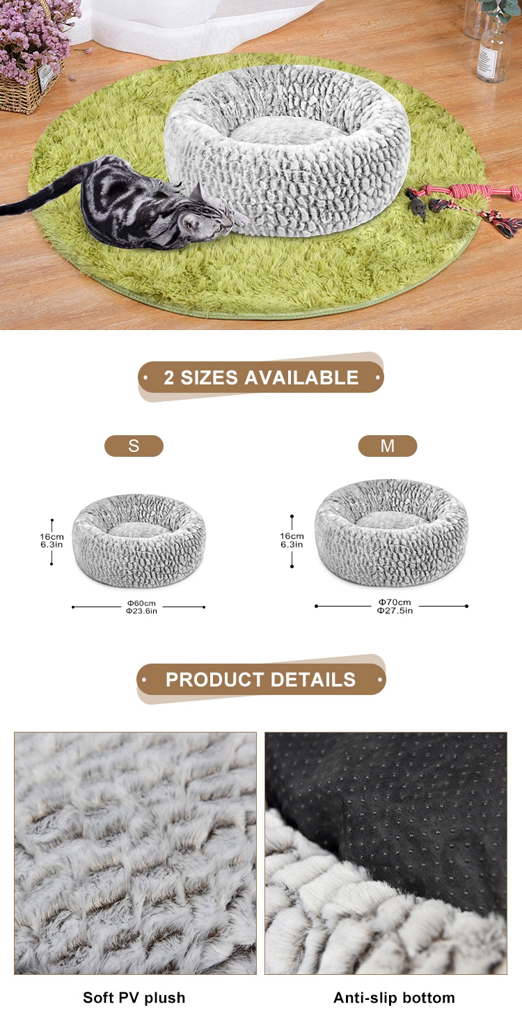 Pet Products Custom Calming Foldable Soft Round Donut Non Slip Polyfiber Faux Fur Cozy Pet Cat Dog Bed